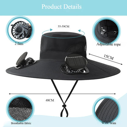 Solar & USB Powered Fan Outdoor Fishing Hat Sunscreen Sun Hat with Dual Fan New